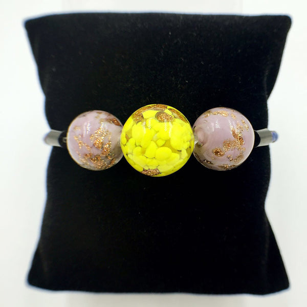 Triple Gold Leaf Yellow and Purple Beads on Navy Blue Leather