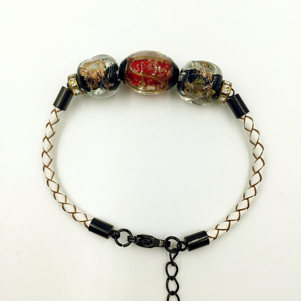Triple Gold Leaf Red and Black Beads on White Leather,  - MRNEIO LLC