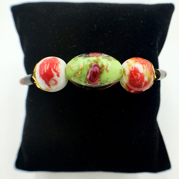 Triple Flower Green and Ceramic Beads on Red Leather,  - MRNEIO LLC