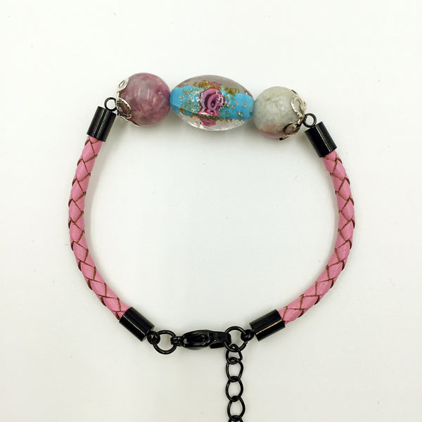 Triple Flower Turquoise and Gemstone Beads on Pink Leather,  - MRNEIO LLC