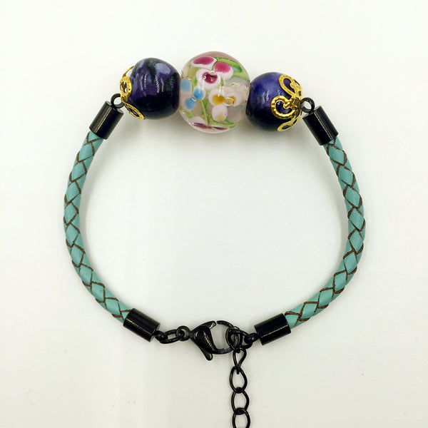 Triple Flower Pink and Ceramic Beads on Turquoise Leather,  - MRNEIO LLC