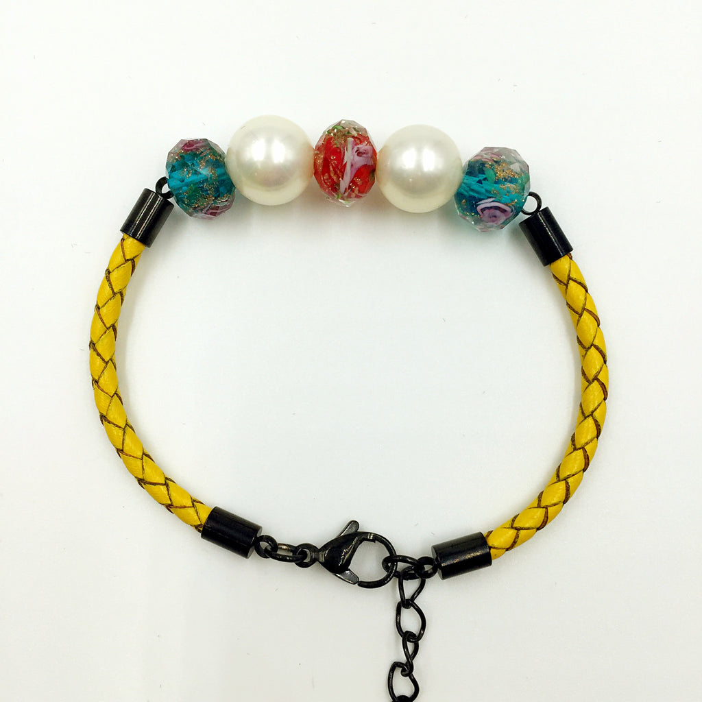 White Pearl Red and Blue/Green Beads on Lemon Leather,  - MRNEIO LLC