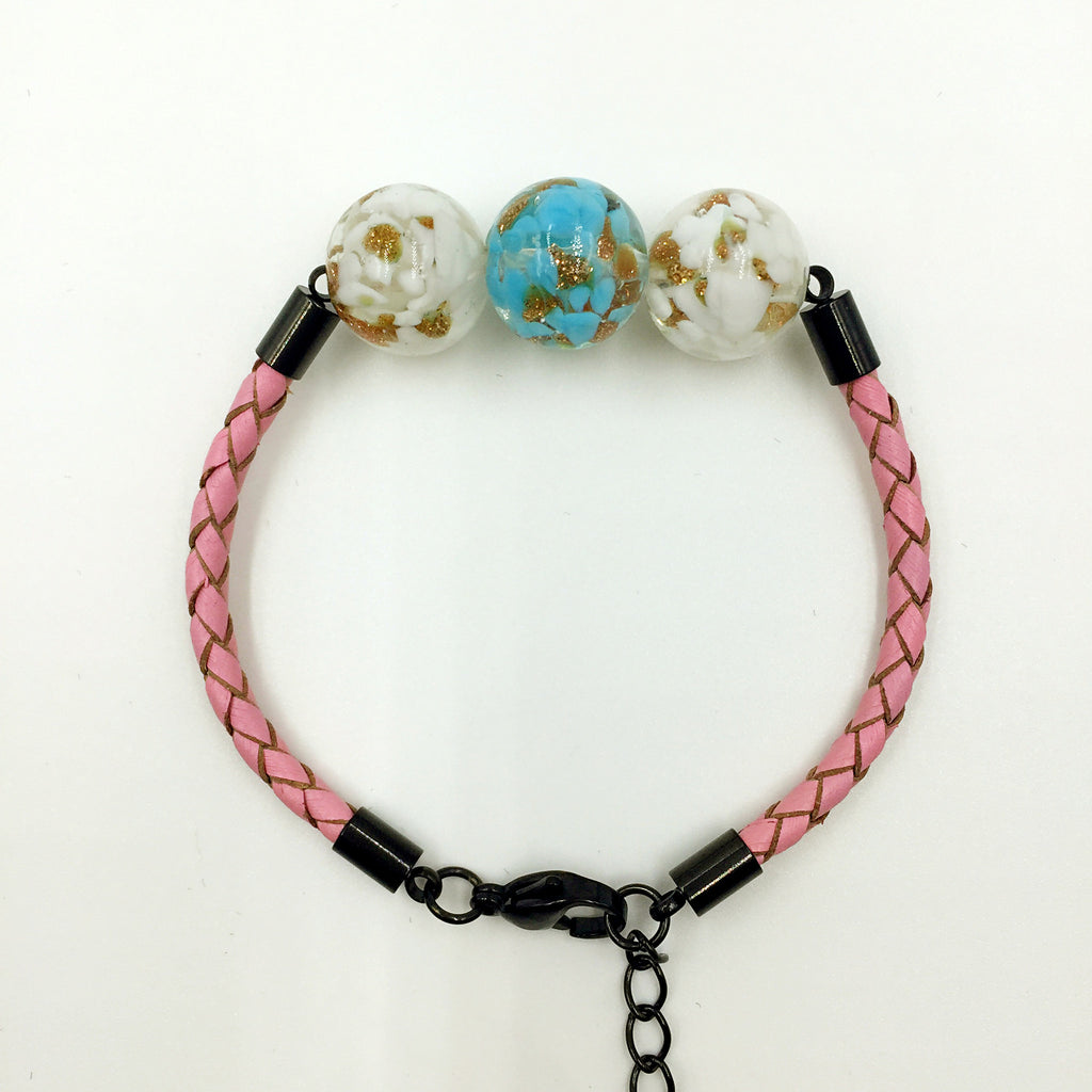 Triple Gold Leaf Sky Blue and White Beads on Pink Leather,  - MRNEIO LLC