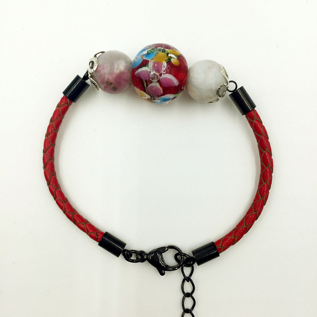 Triple Flower Red and Gemstone Beads on Red Leather,  - MRNEIO LLC