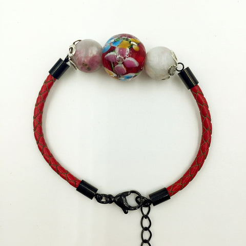 Triple Flower Red and Gemstone Beads on Red Leather,  - MRNEIO LLC