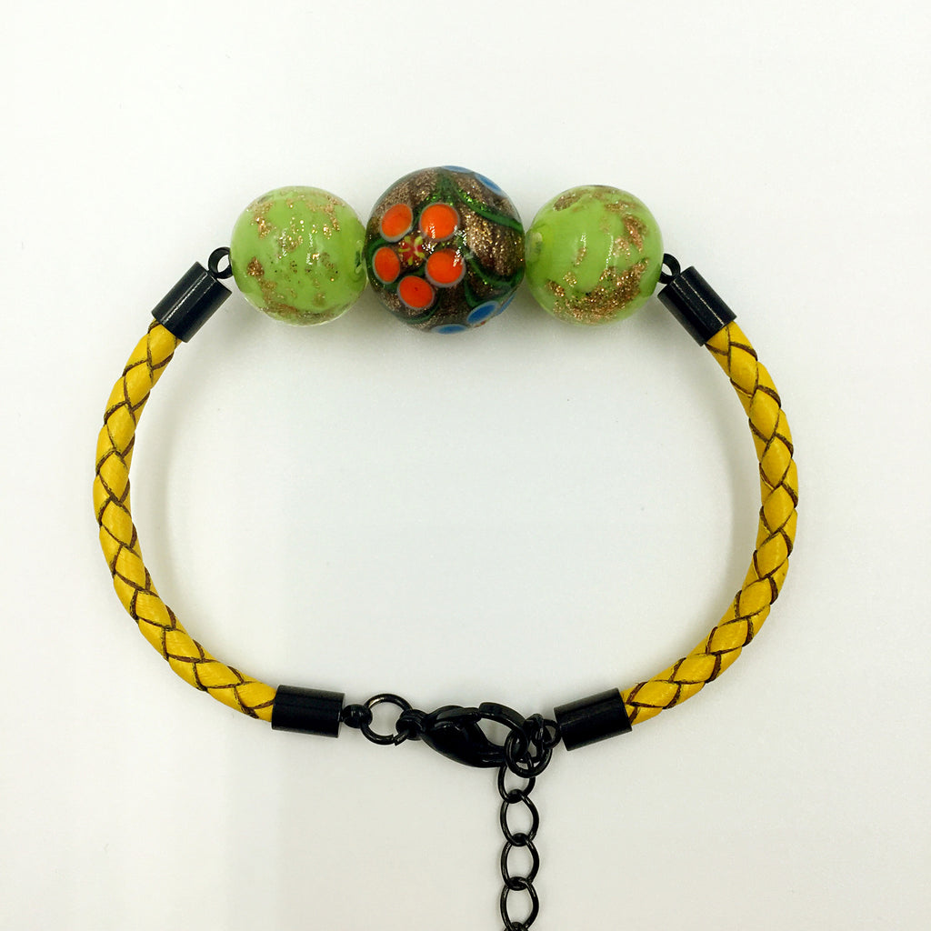 Triple Gold and Gold Leaf Green Beads on Yellow Leather,  - MRNEIO LLC