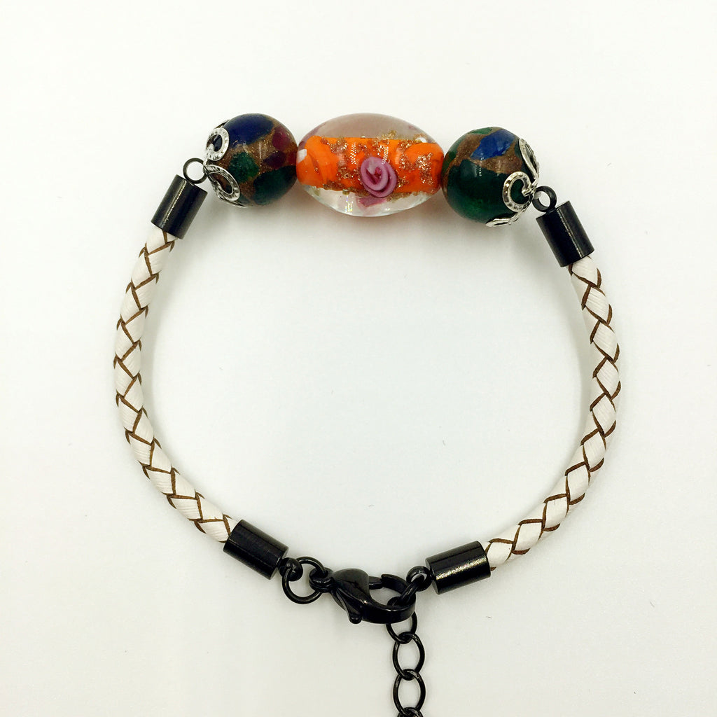 Triple Flower Orange and Gemstone Beads on White Leather,  - MRNEIO LLC
