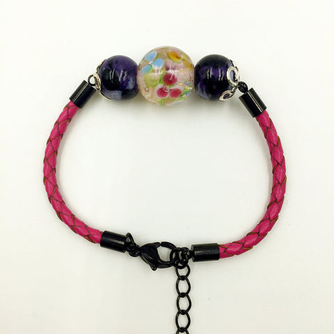 Triple Flower Pink and Ceramic Beads on Rose Red Leather,  - MRNEIO LLC