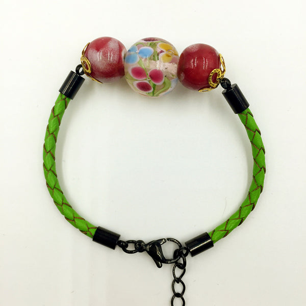 Triple Flower Pink and Ceramic Beads on Green Leather,  - MRNEIO LLC
