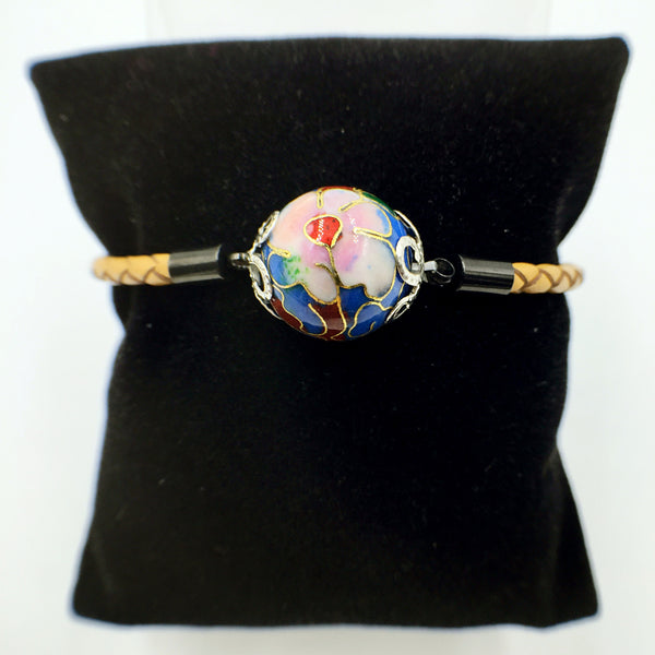 Single Medium Blue Bead on Beige Leather,  - MRNEIO LLC