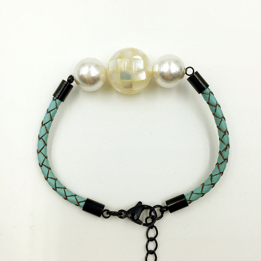 White Pearl White Mother of Pearl Bead on Turquoise Leather,  - MRNEIO LLC