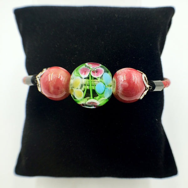 Triple Flower Green and Ceramic Beads on Red Leather,  - MRNEIO LLC