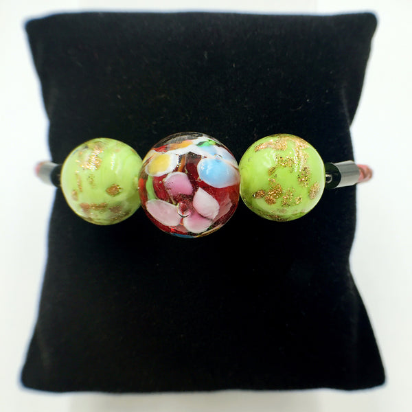 Triple Flower Red and Gold Leaf Green Beads on Red Leather,  - MRNEIO LLC