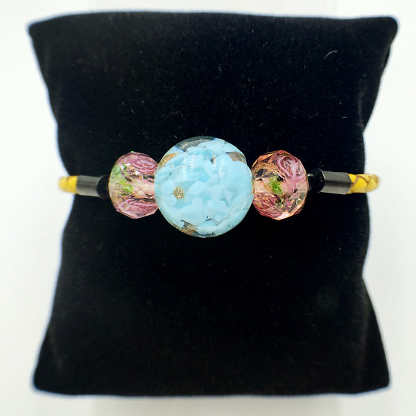 Triple Gold Leaf Light Blue and Flower Pink Beads on Yellow Leather,  - MRNEIO LLC