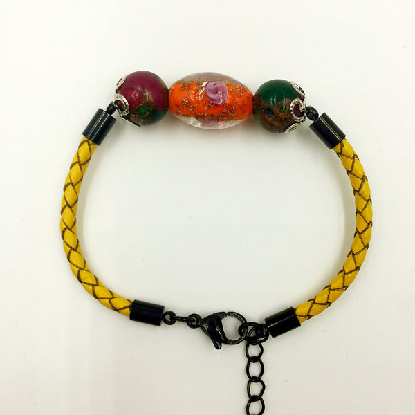 Triple Flower Orange and Gemstone Beads on Yellow Leather,  - MRNEIO LLC