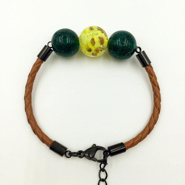 Triple Gold Leaf Yellow and Dark Green Beads on Yellow Brown Leather,  - MRNEIO LLC