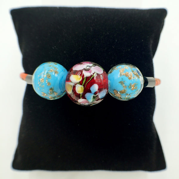 Triple Flower Red and Gold Leaf Blue Beads on Orange Leather