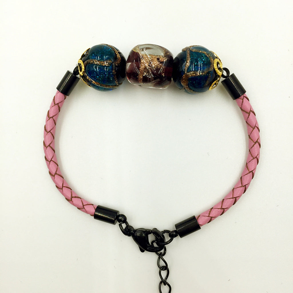 Triple Gold Leaf Purple and Stellar Green/Blue Beads on Pink Leather,  - MRNEIO LLC