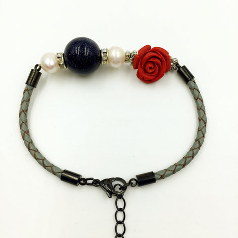 Faux Navy Blue Gemstone, pearl and Flower Deco on Grey Leather,  - MRNEIO LLC