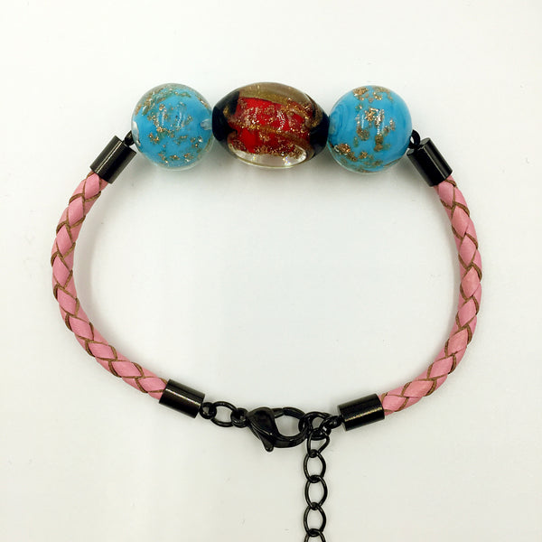 Triple Stellar Red and Gold Leaf Blue Beads on Pink Leather,  - MRNEIO LLC