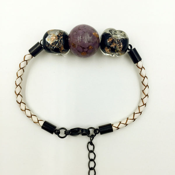 Triple Gold Leaf Purple and Black Beads on White Leather,  - MRNEIO LLC