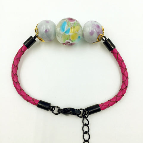 Triple Flower Yellow and Gemstone Beads on Rose Red Leather,  - MRNEIO LLC