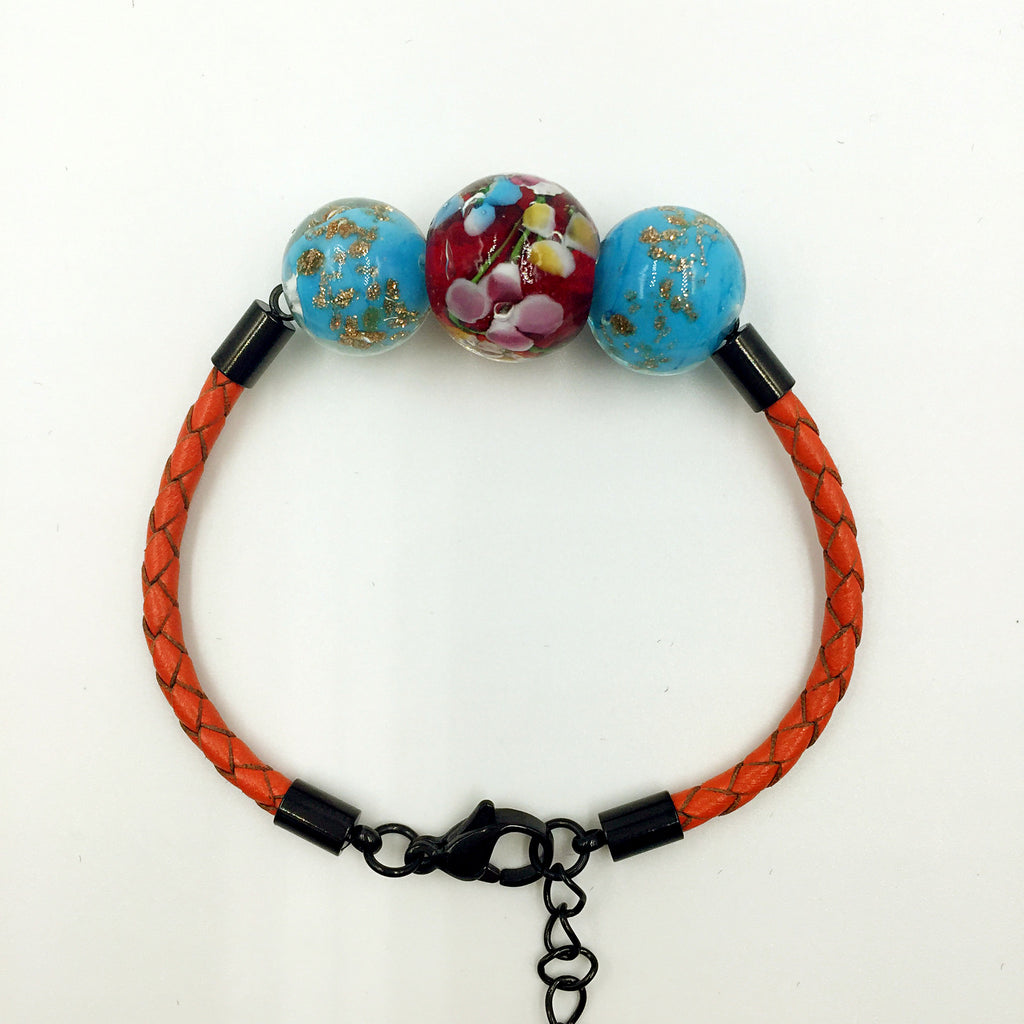 Triple Flower Red and Gold Leaf Blue Beads on Orange Leather,  - MRNEIO LLC