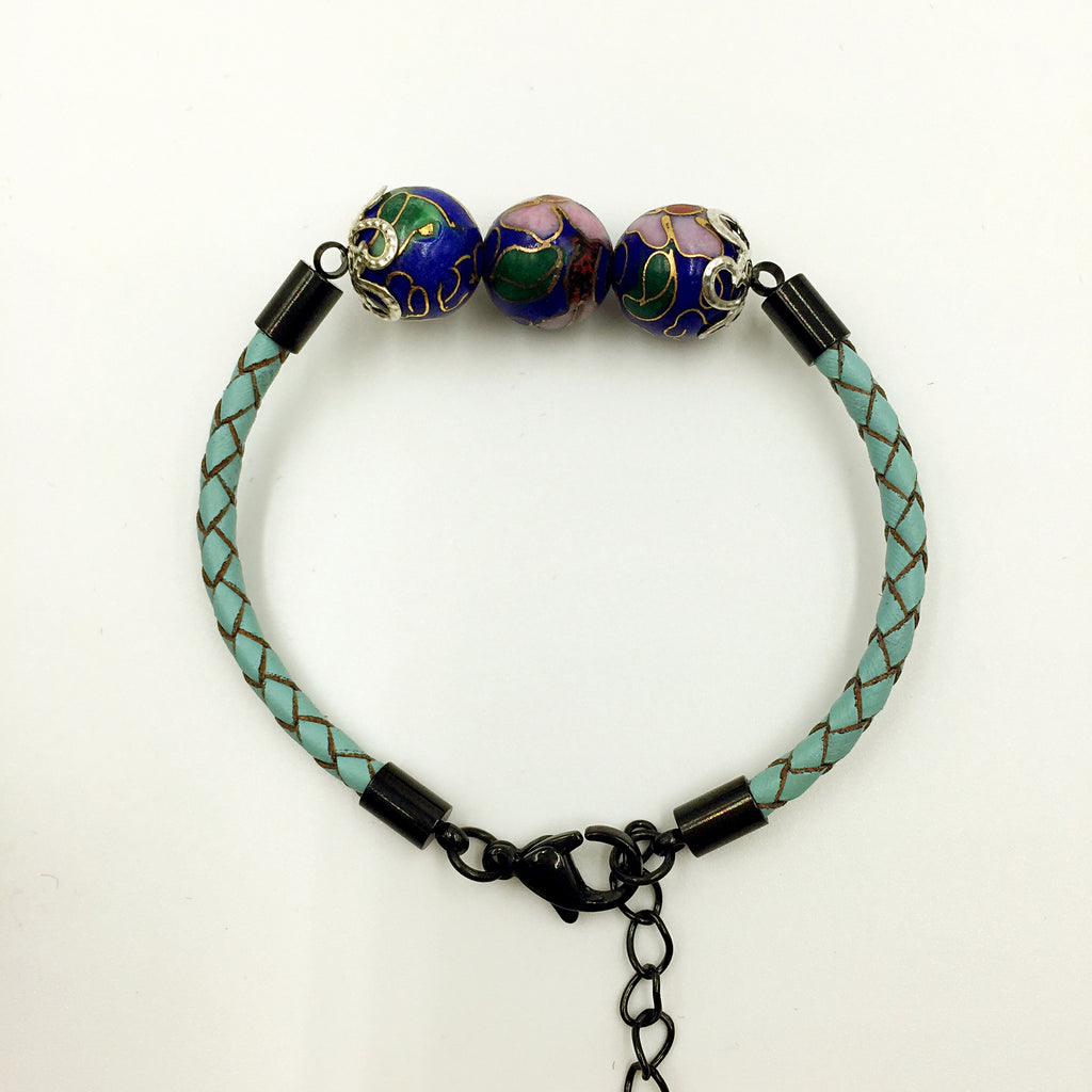 Triple Navy Blue Beads on Turquoise Leather,  - MRNEIO LLC