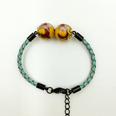 Twin Golden Yellow Beads on Turquoise Leather