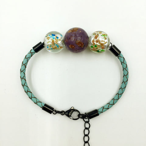 Triple Gold Leaf Purple and White Beads on Turquoise Leather,  - MRNEIO LLC