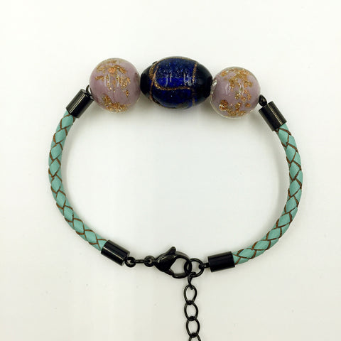 Triple Stellar Navy Blue and Purple Beads on Turquoise Leather,  - MRNEIO LLC
