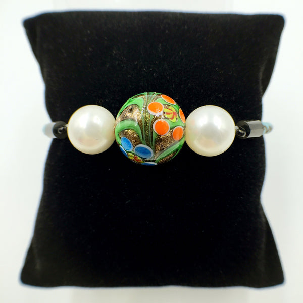 White Pearl Flower Patterned Gold Bead on Turquoise Leather