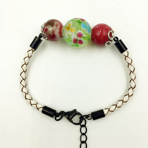 Triple Flower Green and Ceramic Beads on White Leather,  - MRNEIO LLC