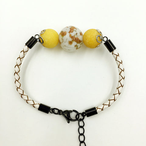 Yellow Macaron White bead on White Leather,  - MRNEIO LLC