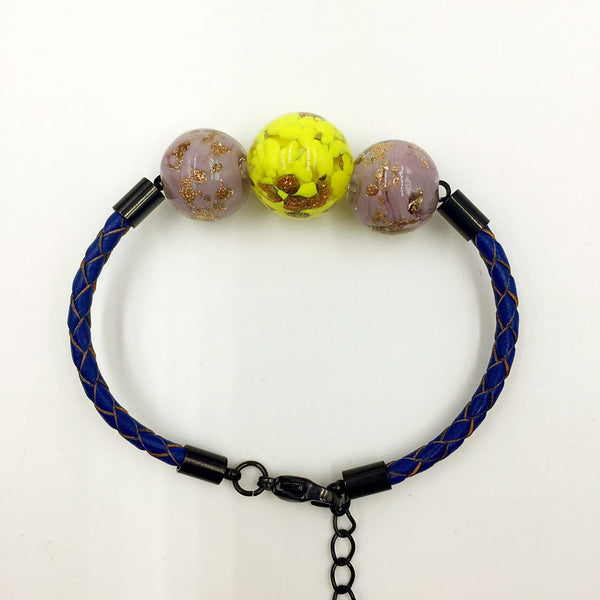 Triple Gold Leaf Yellow and Purple Beads on Navy Blue Leather,  - MRNEIO LLC