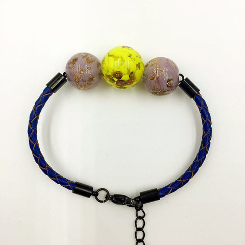 Triple Gold Leaf Yellow and Purple Beads on Navy Blue Leather,  - MRNEIO LLC