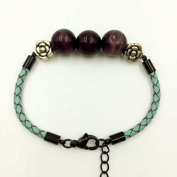 Faux Black Purple Gemstones on Turquoise Leather,  - MRNEIO LLC
