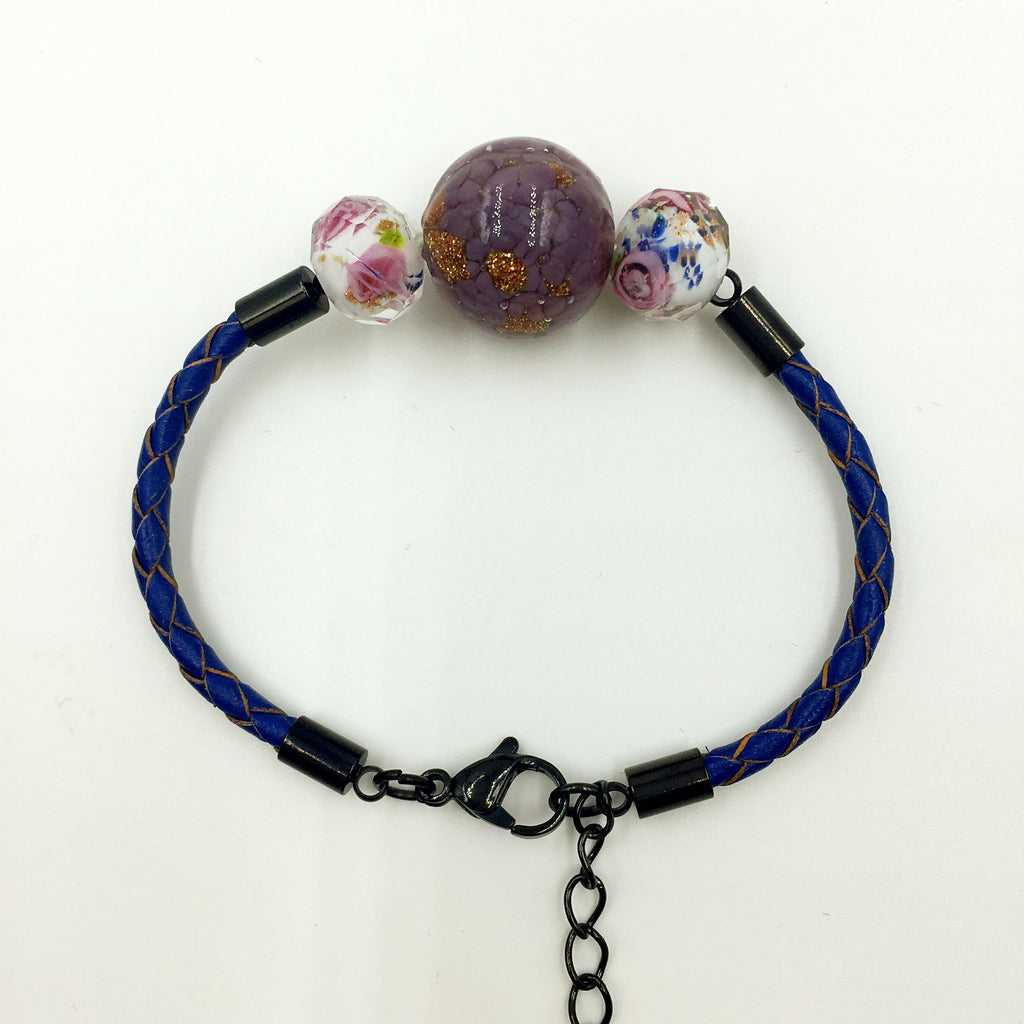 Triple Gold Leaf Purple and Flower White Beads on Navy Blue Leather,  - MRNEIO LLC