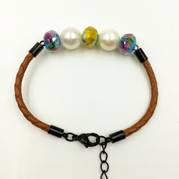 White Pearl Yellow, Green and Blue Beads on Yellow Brown Leather,  - MRNEIO LLC