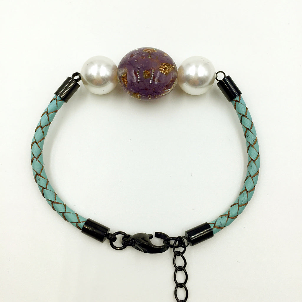 White Pearl Gold Leaf Purple Bead on Turquoise Leather