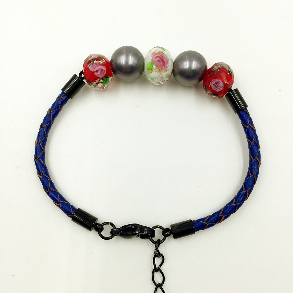 Black Pearl White and Red Beads on Navy Blue Leather,  - MRNEIO LLC
