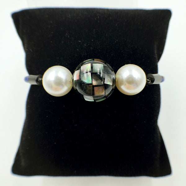 White Pearl Black Mother of Pearl Bead on Navy Blue Leather,  - MRNEIO LLC