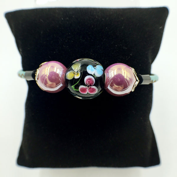 Triple Flower Black and Ceramic Beads on Turquoise Leather