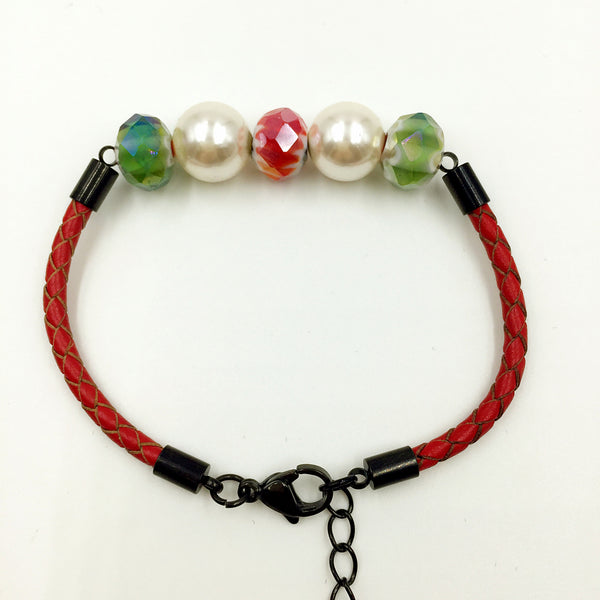 White Pearl Red and Green Beads on Red Leather,  - MRNEIO LLC