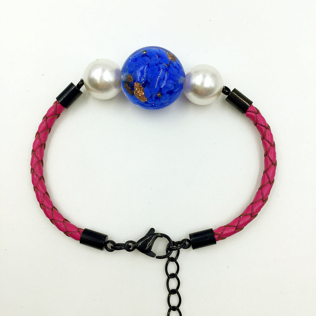 White Pearl Gold Leaf Blue Bead on Rose Red Leather,  - MRNEIO LLC