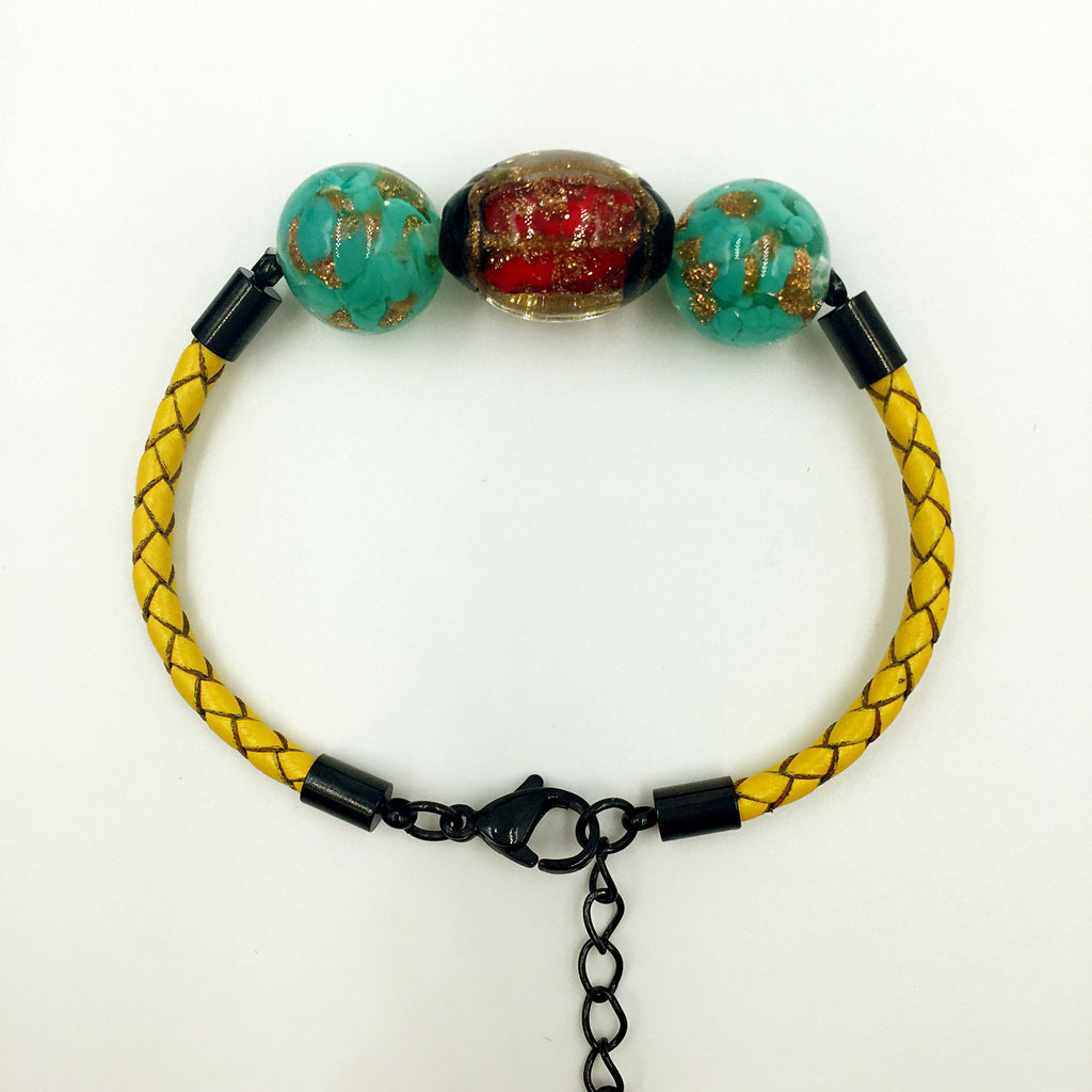 Triple Stellar Red and Gold Leaf Green Beads on Yellow Leather,  - MRNEIO LLC