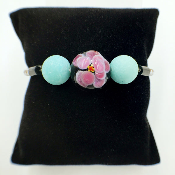 Turquoise Macaron Black Flower Bead on White Leather