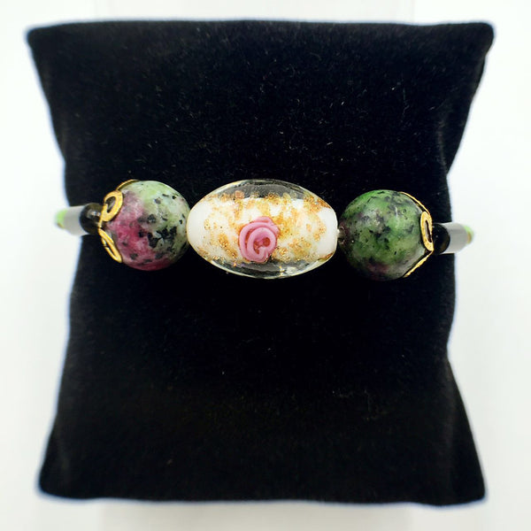 Triple Flower White and Gemstone Beads on Green Leather,  - MRNEIO LLC