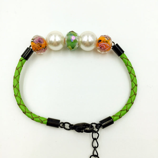 White Pearl Green and Orange Beads on Green Leather,  - MRNEIO LLC