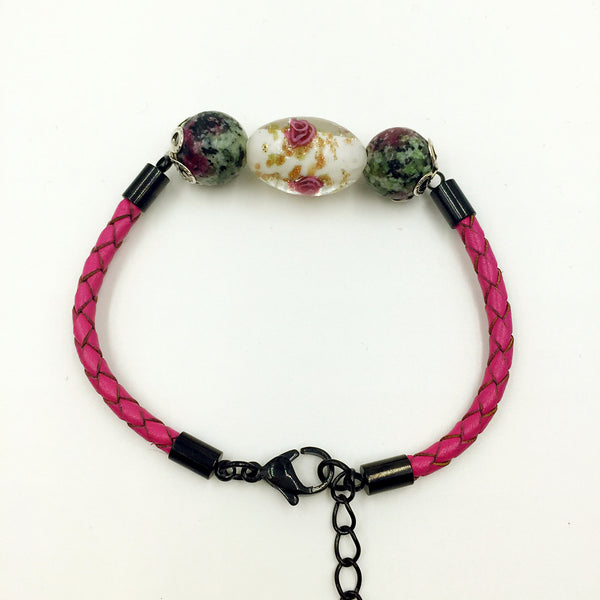 Triple Flower White and Gemstone Beads on Rose Red Leather,  - MRNEIO LLC